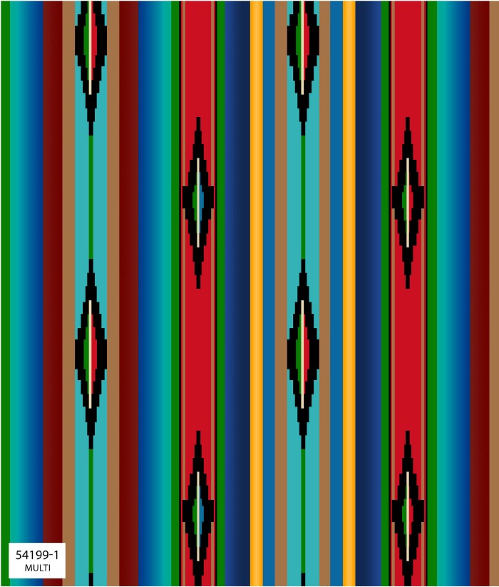 Four Winds II Southwest fabric collection featuring bold Indigenous-inspired patterns and desert color tones, available exclusively at First Trend Fabrics USA. 54199-1_Multi