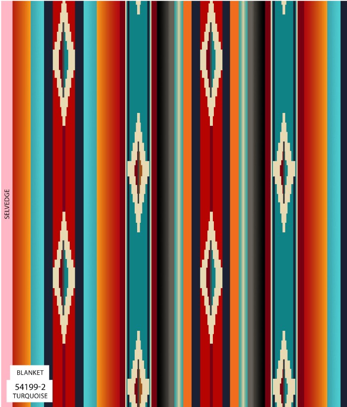 Four Winds II Southwest fabric collection featuring bold Indigenous-inspired patterns and desert color tones, available exclusively at First Trend Fabrics USA. 54199-2_Turquoise_Blanket