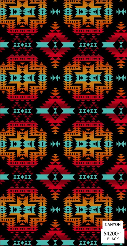 Four Winds II Southwest fabric collection featuring bold Indigenous-inspired patterns and desert color tones, available exclusively at First Trend Fabrics USA. 54200-1_Black_Canyon