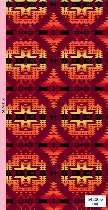 Four Winds II Southwest fabric collection featuring bold Indigenous-inspired patterns and desert color tones, available exclusively at First Trend Fabrics USA. 54200-2_fire