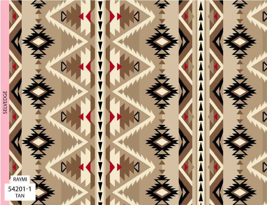Four Winds II Southwest fabric collection featuring bold Indigenous-inspired patterns and desert color tones, available exclusively at First Trend Fabrics USA. 54201-1_Tan_-_Raymi