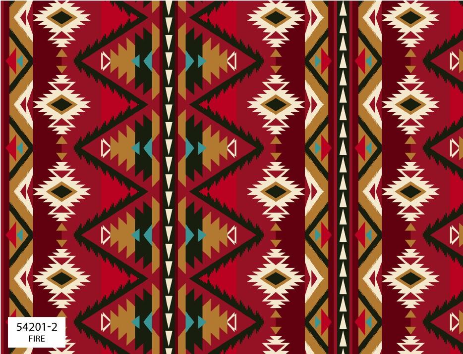 Four Winds II Southwest fabric collection featuring bold Indigenous-inspired patterns and desert color tones, available exclusively at First Trend Fabrics USA. 54201-2_-_fire