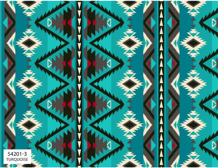 Four Winds II Southwest fabric collection featuring bold Indigenous-inspired patterns and desert color tones, available exclusively at First Trend Fabrics USA. 54201-3_Turquoise