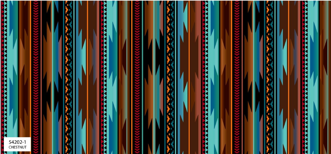 Four Winds II Southwest fabric collection featuring bold Indigenous-inspired patterns and desert color tones, available exclusively at First Trend Fabrics USA. 54202-1_Chestnut