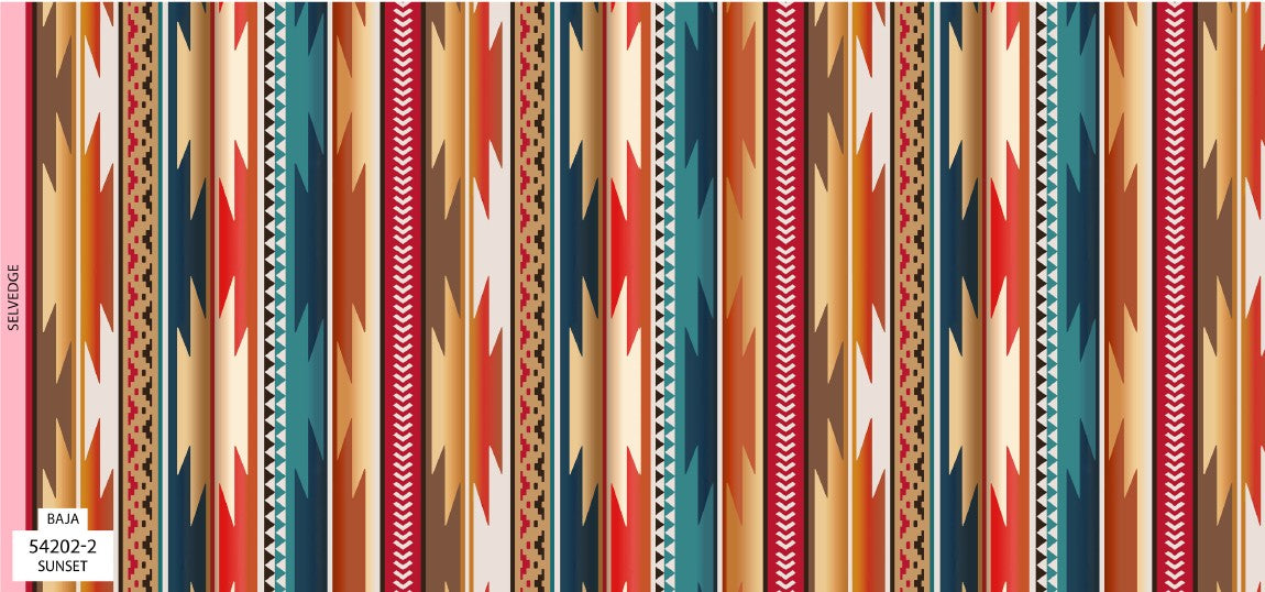 Four Winds II Southwest fabric collection featuring bold Indigenous-inspired patterns and desert color tones, available exclusively at First Trend Fabrics USA. 54202-2_sunset_Baja
