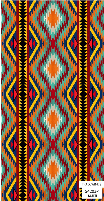 Four Winds II Southwest fabric collection featuring bold Indigenous-inspired patterns and desert color tones, available exclusively at First Trend Fabrics USA. 54203-1_Multi_Tradewids