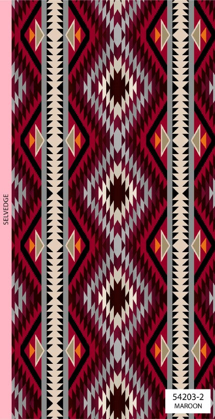 Four Winds II Southwest fabric collection featuring bold Indigenous-inspired patterns and desert color tones, available exclusively at First Trend Fabrics USA. 54203-2_Maroon