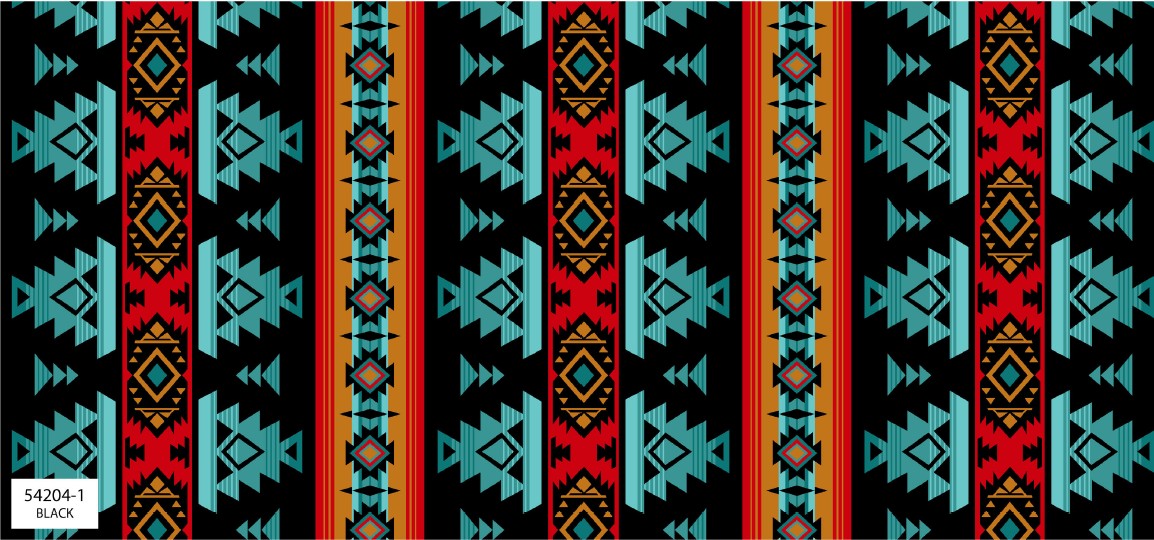 Four Winds II Southwest fabric collection featuring bold Indigenous-inspired patterns and desert color tones, available exclusively at First Trend Fabrics USA. 54204-1_Black