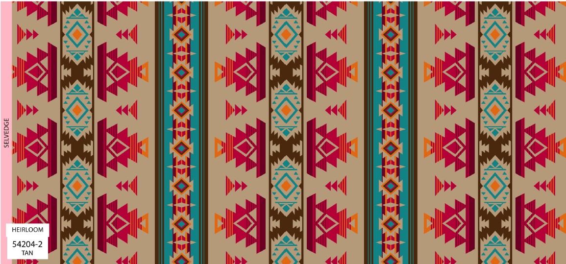 Four Winds II Southwest fabric collection featuring bold Indigenous-inspired patterns and desert color tones, available exclusively at First Trend Fabrics USA. 54204-2_Tan_Heirloom