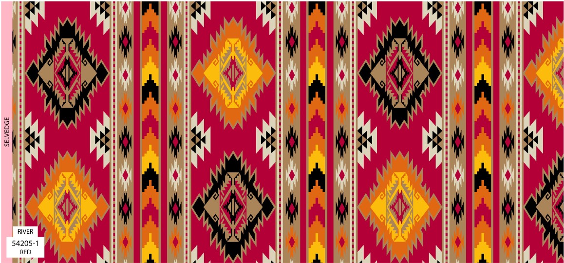 Four Winds II Southwest fabric collection featuring bold Indigenous-inspired patterns and desert color tones, available exclusively at First Trend Fabrics USA. 54205-1_Red_River