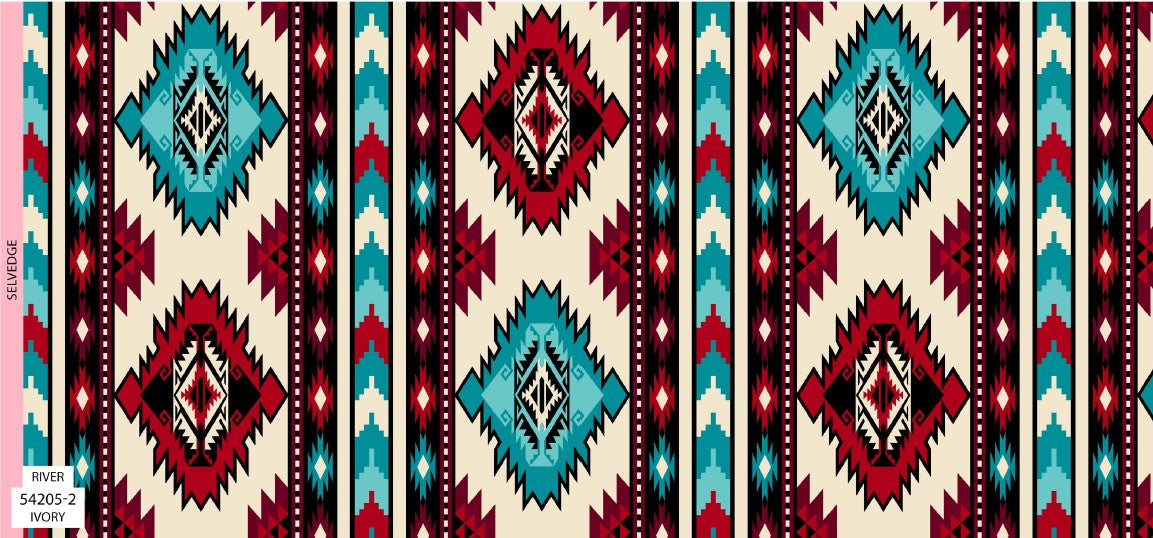 Four Winds II Southwest fabric collection featuring bold Indigenous-inspired patterns and desert color tones, available exclusively at First Trend Fabrics USA. 54205-2_Ivory_River