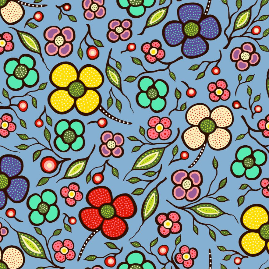 Indigenous Floral Fabric, Abundance by Audrey Armstrong. Available across the USA from First Trend Fabrics. Allover_Floral_Blue