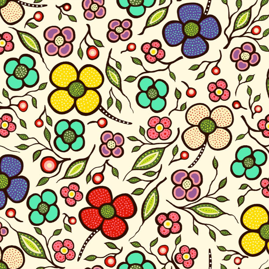 Indigenous Floral Fabric, Abundance by Audrey Armstrong. Available across the USA from First Trend Fabrics. Allover_Floral_Cream
