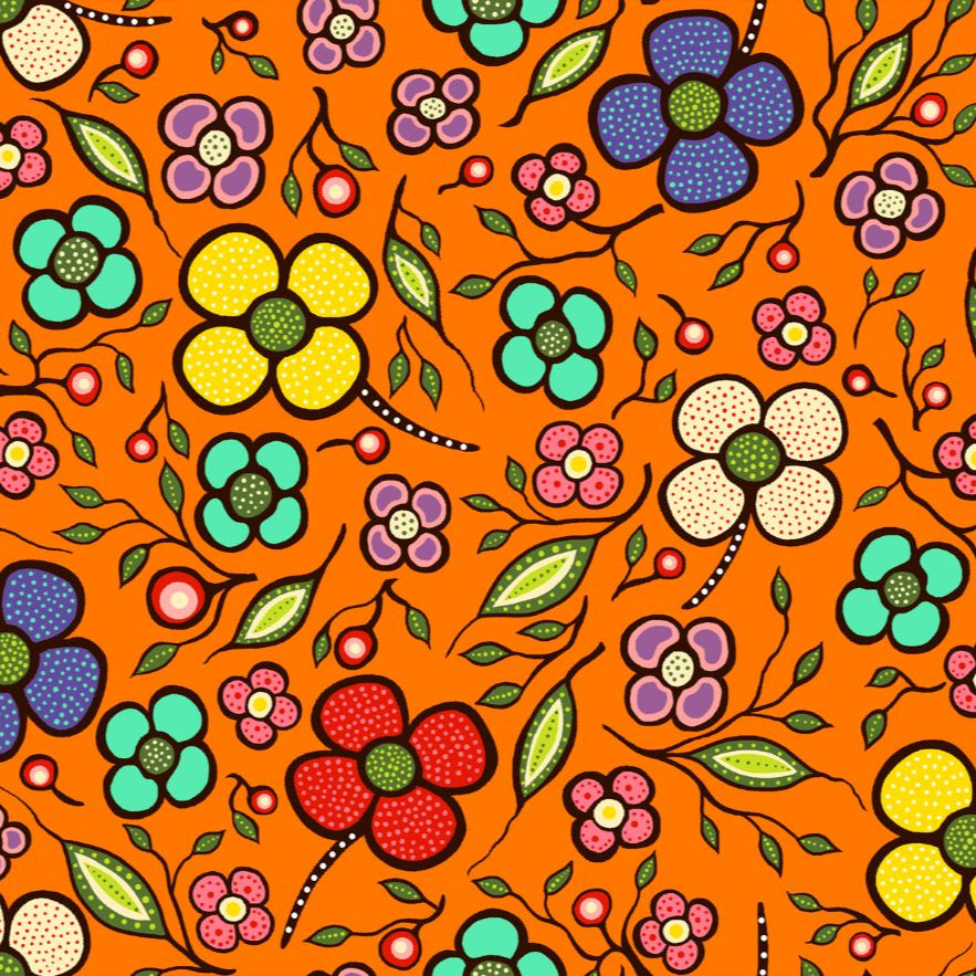 Indigenous Floral Fabric, Abundance by Audrey Armstrong. Available across the USA from First Trend Fabrics. Allover_Floral_Orange