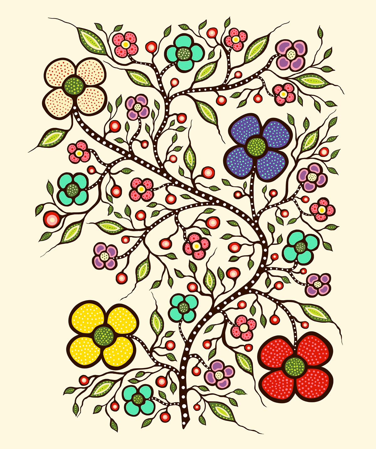 Indigenous Floral Fabric, Abundance by Audrey Armstrong. Available across the USA from First Trend Fabrics. Panel_Cream