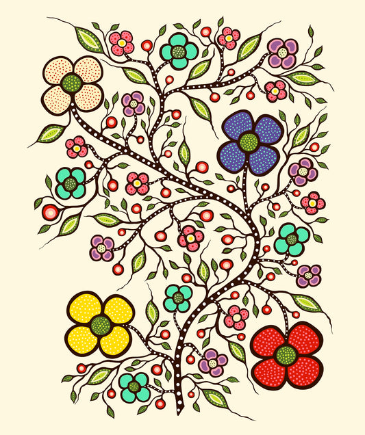 Indigenous Floral Fabric, Abundance by Audrey Armstrong. Available across the USA from First Trend Fabrics. Panel_Cream