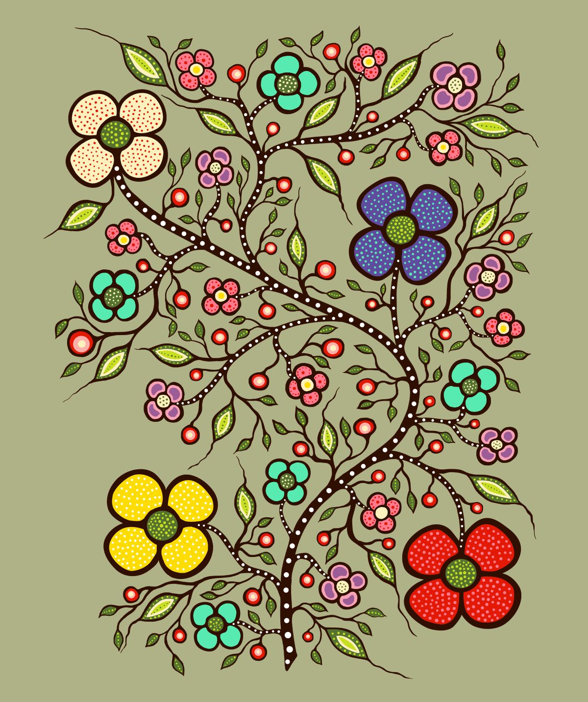 Indigenous Floral Fabric, Abundance by Audrey Armstrong. Available across the USA from First Trend Fabrics. Panel_Khaki