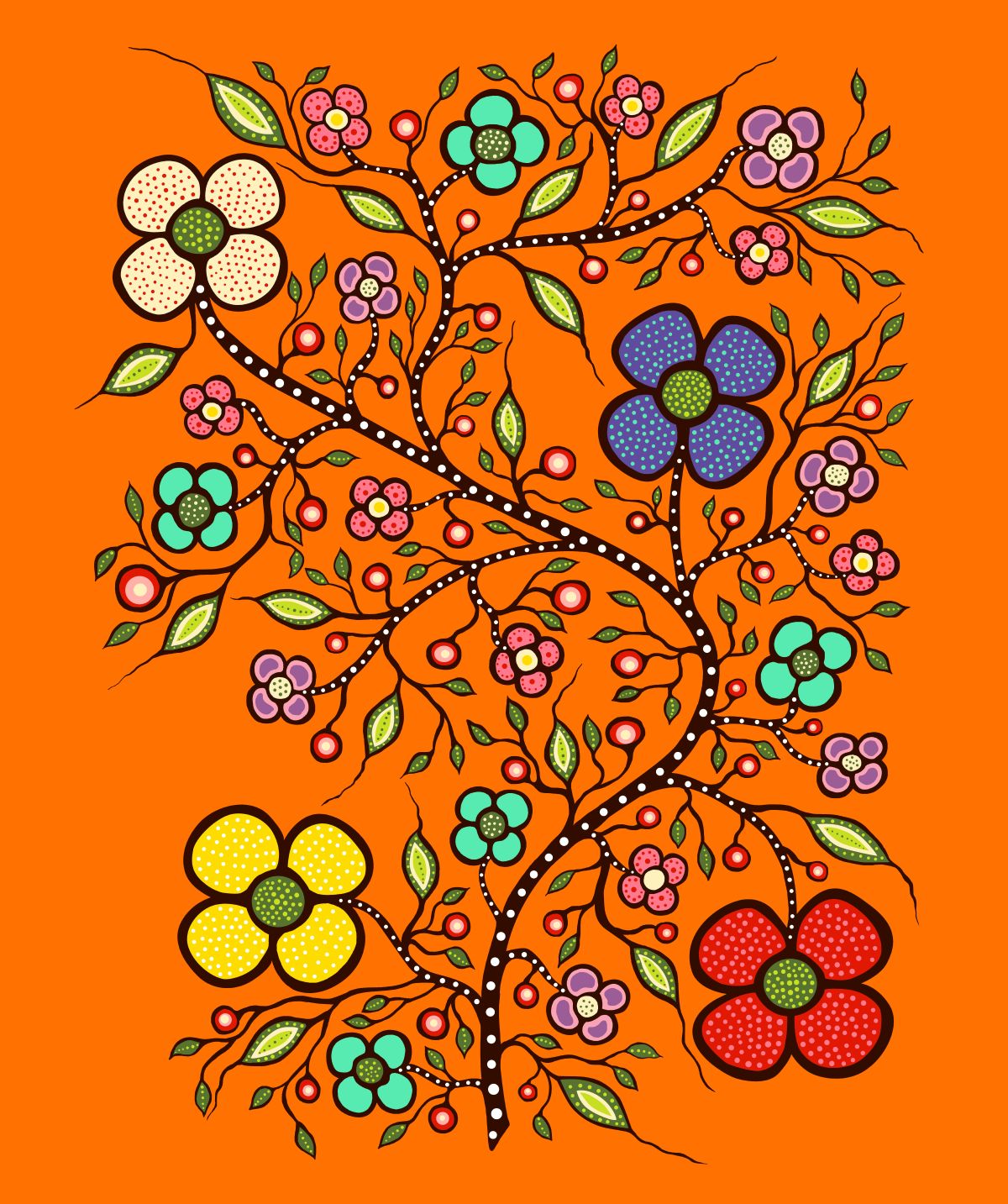 Indigenous Floral Fabric, Abundance by Audrey Armstrong. Available across the USA from First Trend Fabrics. Panel_Orange