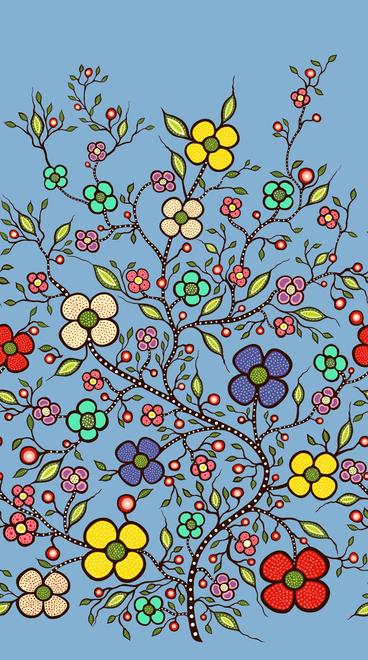 Indigenous Floral Fabric, Abundance by Audrey Armstrong. Available across the USA from First Trend Fabrics. Single_Border_Blue