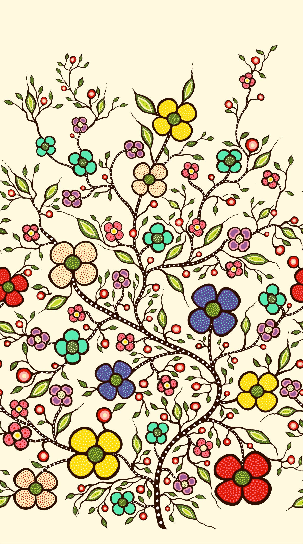 Indigenous Floral Fabric, Abundance by Audrey Armstrong. Available across the USA from First Trend Fabrics. Single_Border_Cream