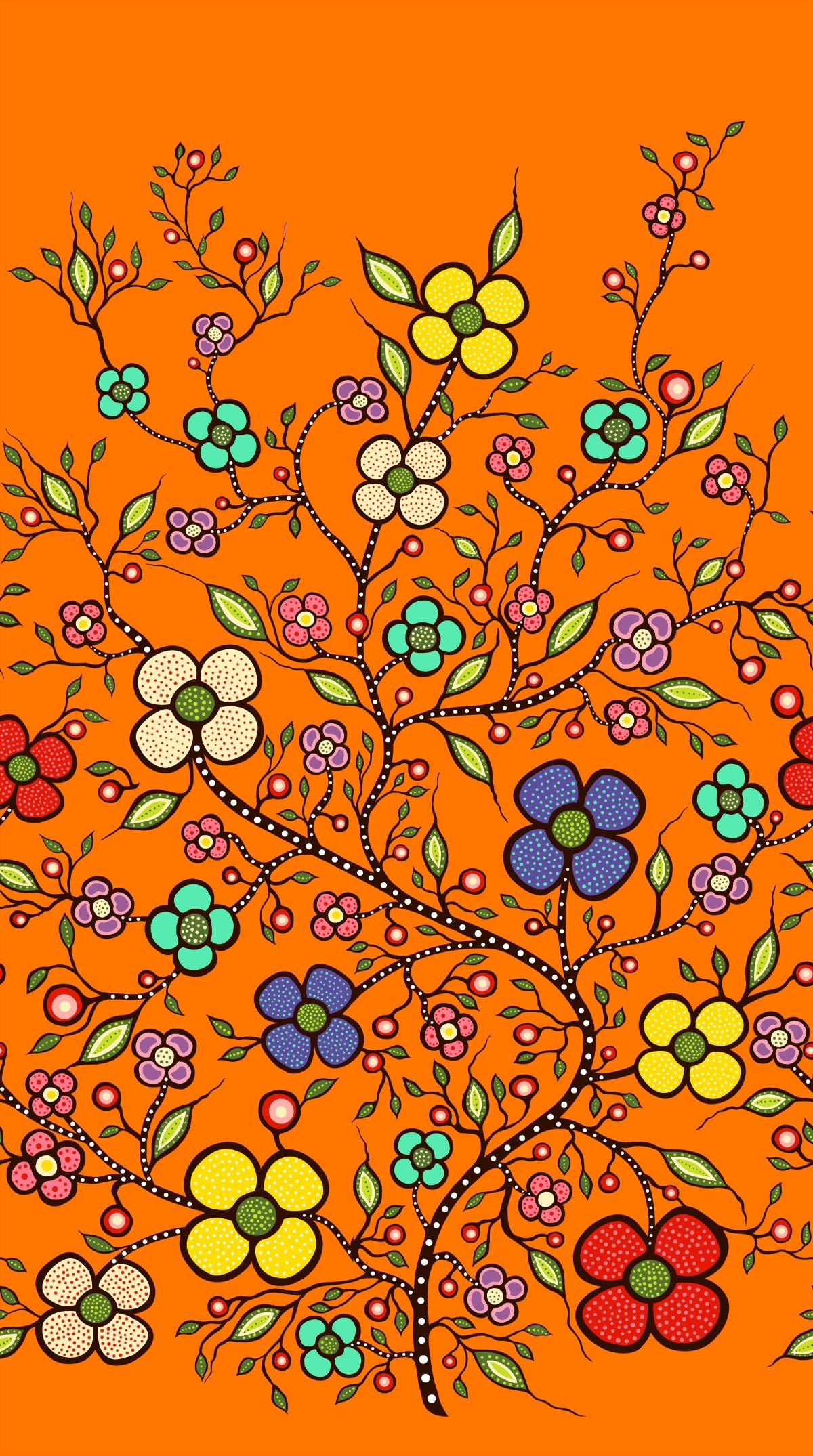 Indigenous Floral Fabric, Abundance by Audrey Armstrong. Available across the USA from First Trend Fabrics. Single_Border_Orange