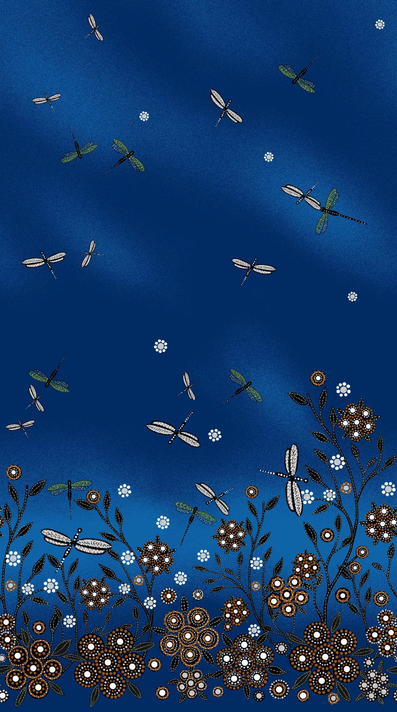 “All Children Matter” Indigenous-designed fabric by Betty Albert, available at First Trend Fabrics USA. Find Betty Albert fabrics here. Single Border BA-00015M Blue