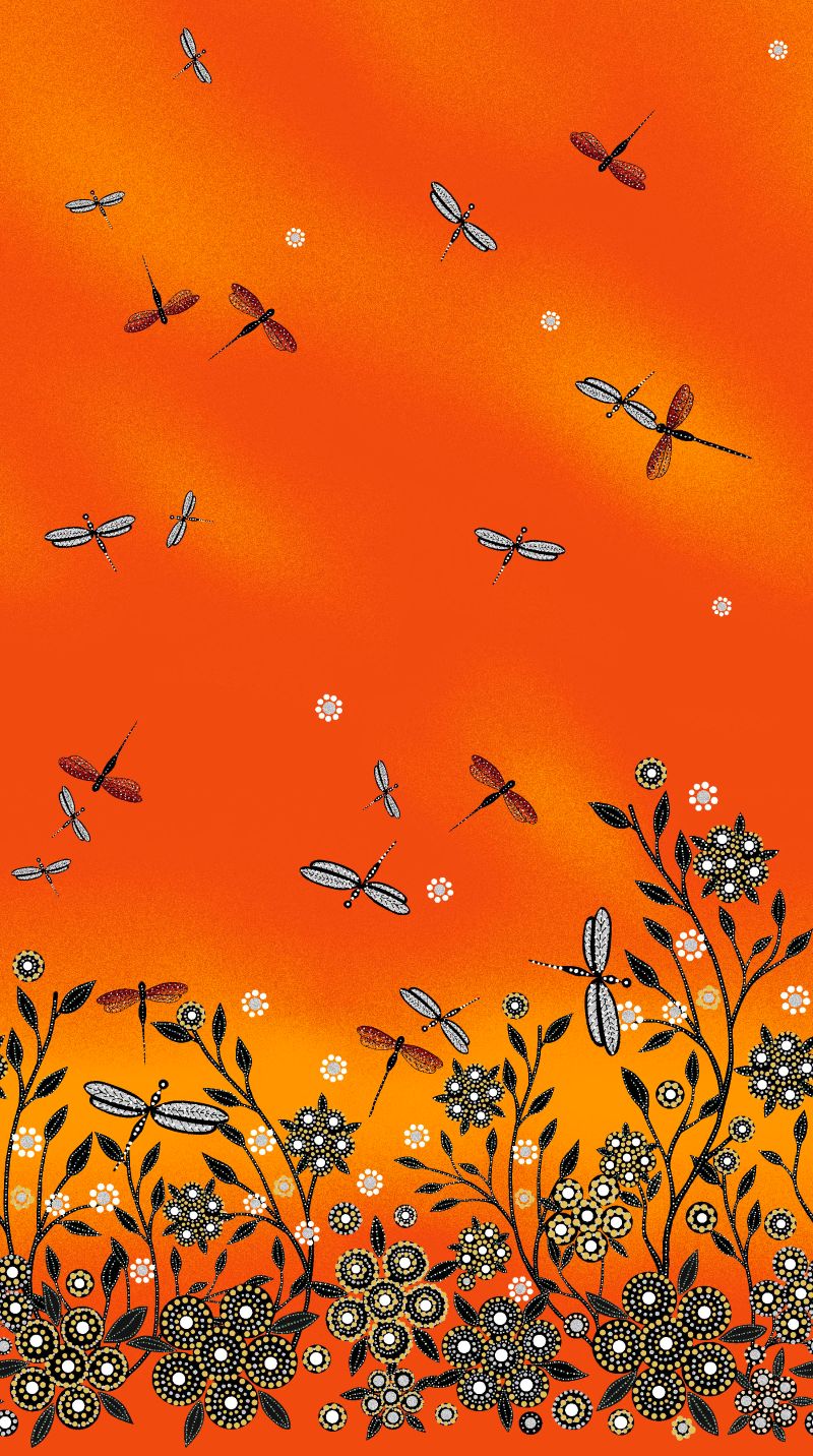 “All Children Matter” Indigenous-designed fabric by Betty Albert, available at First Trend Fabrics USA. Find Betty Albert fabrics here. Single Border BA-00015M Orange