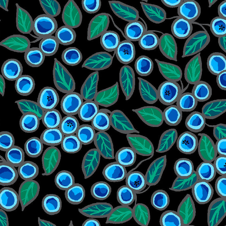 Indigenous Blueberry Bear fabric with colorful bear and blueberry prints, available across the USA from First Trend Fabrics. All-over-Blueberry black
