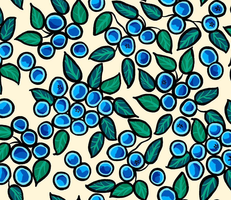 Indigenous Blueberry Bear fabric with colorful bear and blueberry prints, available across the USA from First Trend Fabrics. All-over-Blueberry cream