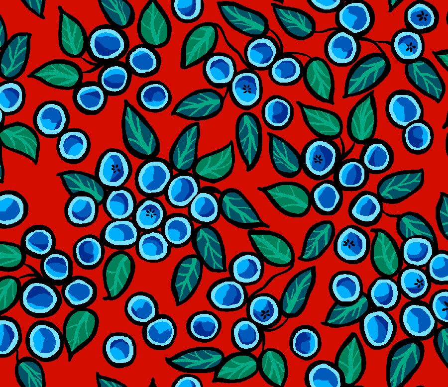 Indigenous Blueberry Bear fabric with colorful bear and blueberry prints, available across the USA from First Trend Fabrics. All-over-Blueberry red