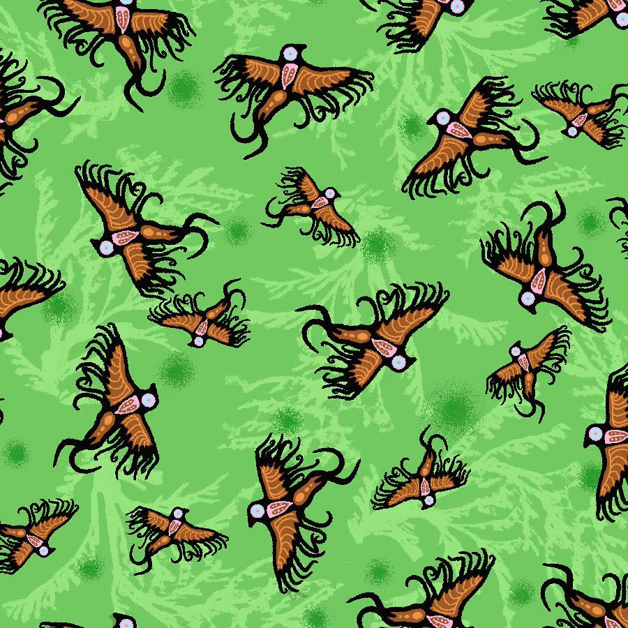 Supporting Each Other Indigenous cotton fabric by C.J. Houle featuring a green allover with birds flying, available wholesale at First Trend Fabrics.