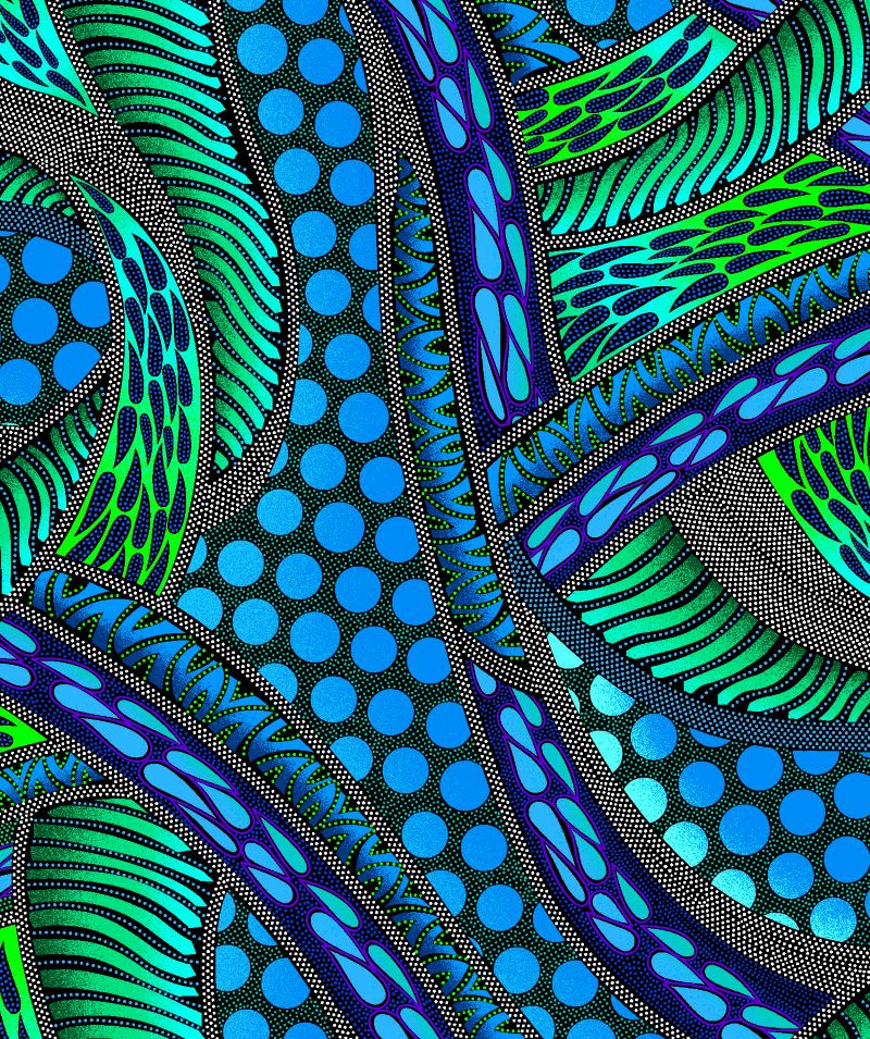 Indigenous-designed fabric panel 'Turtle' by Betty Albert, featuring vibrant multi-color artwork. Available exclusively at First Trend Fabrics for wholesale across the USA. Geo Blue.