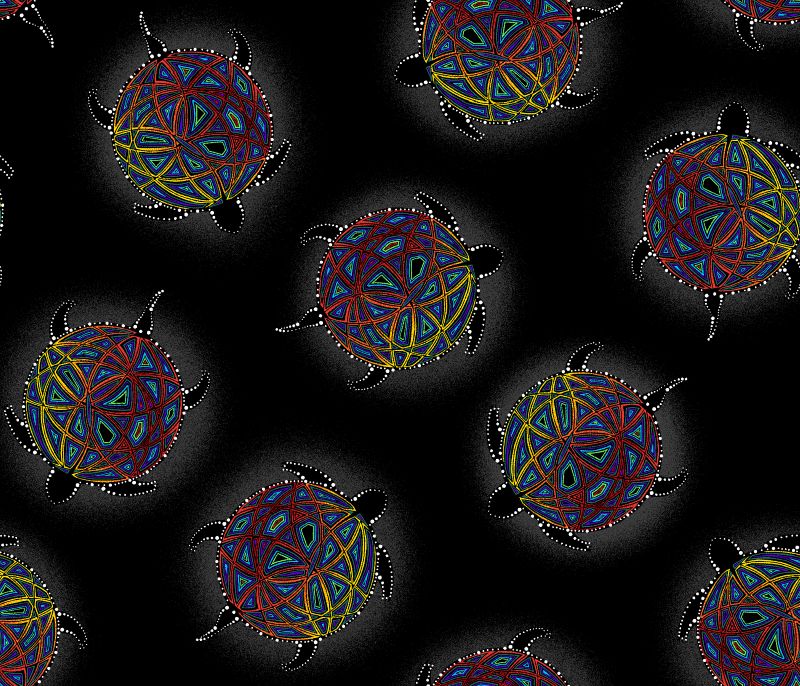 Indigenous-designed fabric panel 'Turtle' by Betty Albert, featuring vibrant multi-color artwork. Available exclusively at First Trend Fabrics for wholesale across the USA. Turtle black.