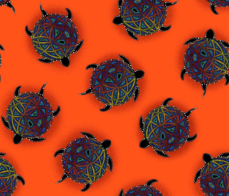 Indigenous-designed fabric panel 'Turtle' by Betty Albert, featuring vibrant multi-color artwork. Available exclusively at First Trend Fabrics for wholesale across the USA. Turtle Orange.