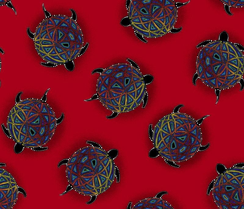 Indigenous-designed fabric panel 'Turtle' by Betty Albert, featuring vibrant multi-color artwork. Available exclusively at First Trend Fabrics for wholesale across the USA. Turtle red