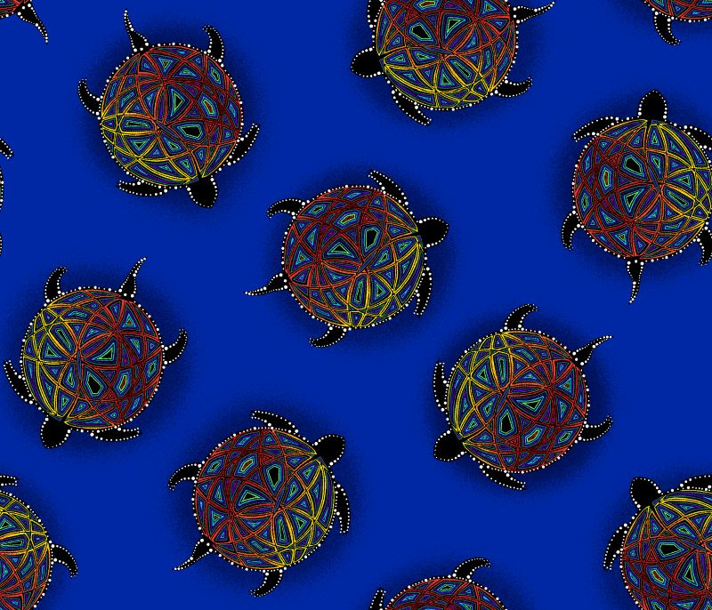 Indigenous-designed fabric panel 'Turtle' by Betty Albert, featuring vibrant multi-color artwork. Available exclusively at First Trend Fabrics for wholesale across the USA. Turtle Royal