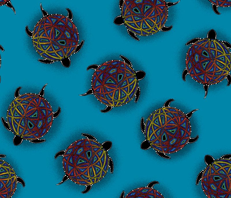 Indigenous-designed fabric panel 'Turtle' by Betty Albert, featuring vibrant multi-color artwork. Available exclusively at First Trend Fabrics for wholesale across the USA. Turtle Teal.