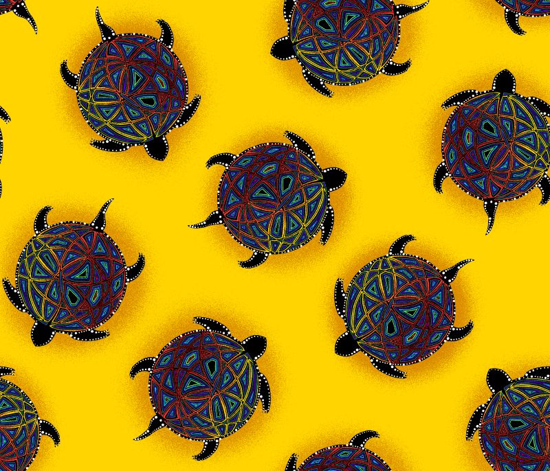 Indigenous-designed fabric panel 'Turtle' by Betty Albert, featuring vibrant multi-color artwork. Available exclusively at First Trend Fabrics for wholesale across the USA. Turtles Yellow.