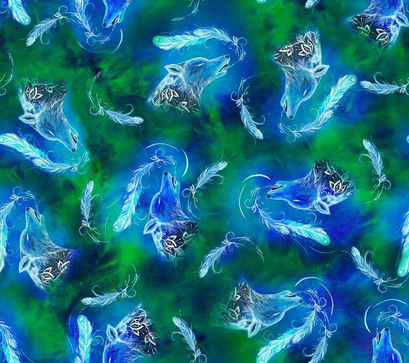 Echoes of the Moon - Native American Wolf & Northern Lights Fabric - First Trend Fabrics