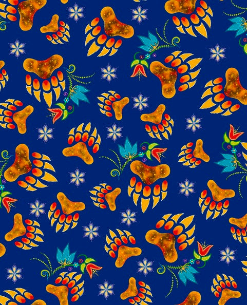 Find the Bear Paws fabric from Tracey Metallic TMD-0002 royal at First Trend Fabrics, your trusted Native American fabric wholesaler in the USA.