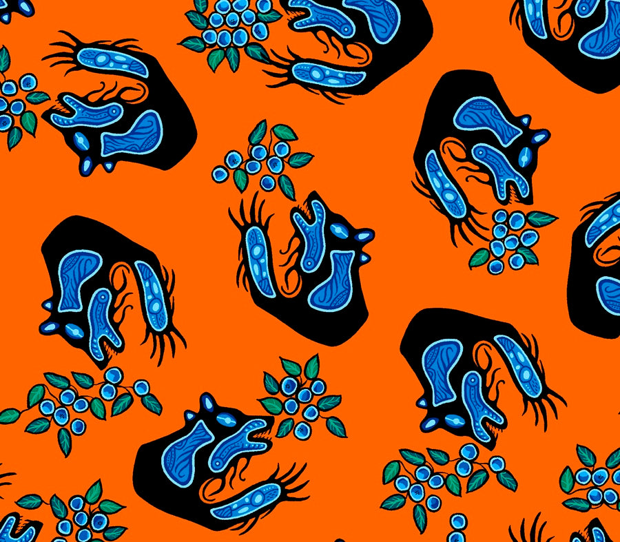 Indigenous Blueberry Bear fabric with colorful bear and blueberry prints, available across the USA from First Trend Fabrics. Blueberry and bear all-over orange