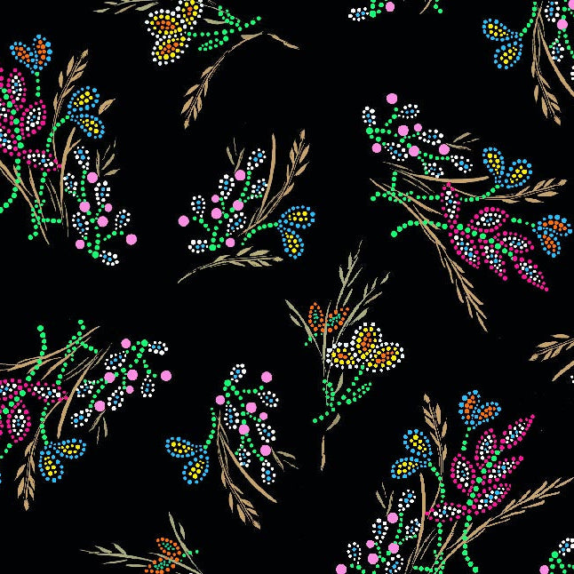 Free Spirit, a floral black native American eagle fabric – bold indigenous fabric design available at First Trend Fabrics across the USA