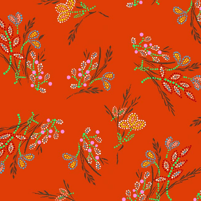 Free Spirit, a floral orange native American eagle fabric – bold indigenous fabric design available at First Trend Fabrics across the USA