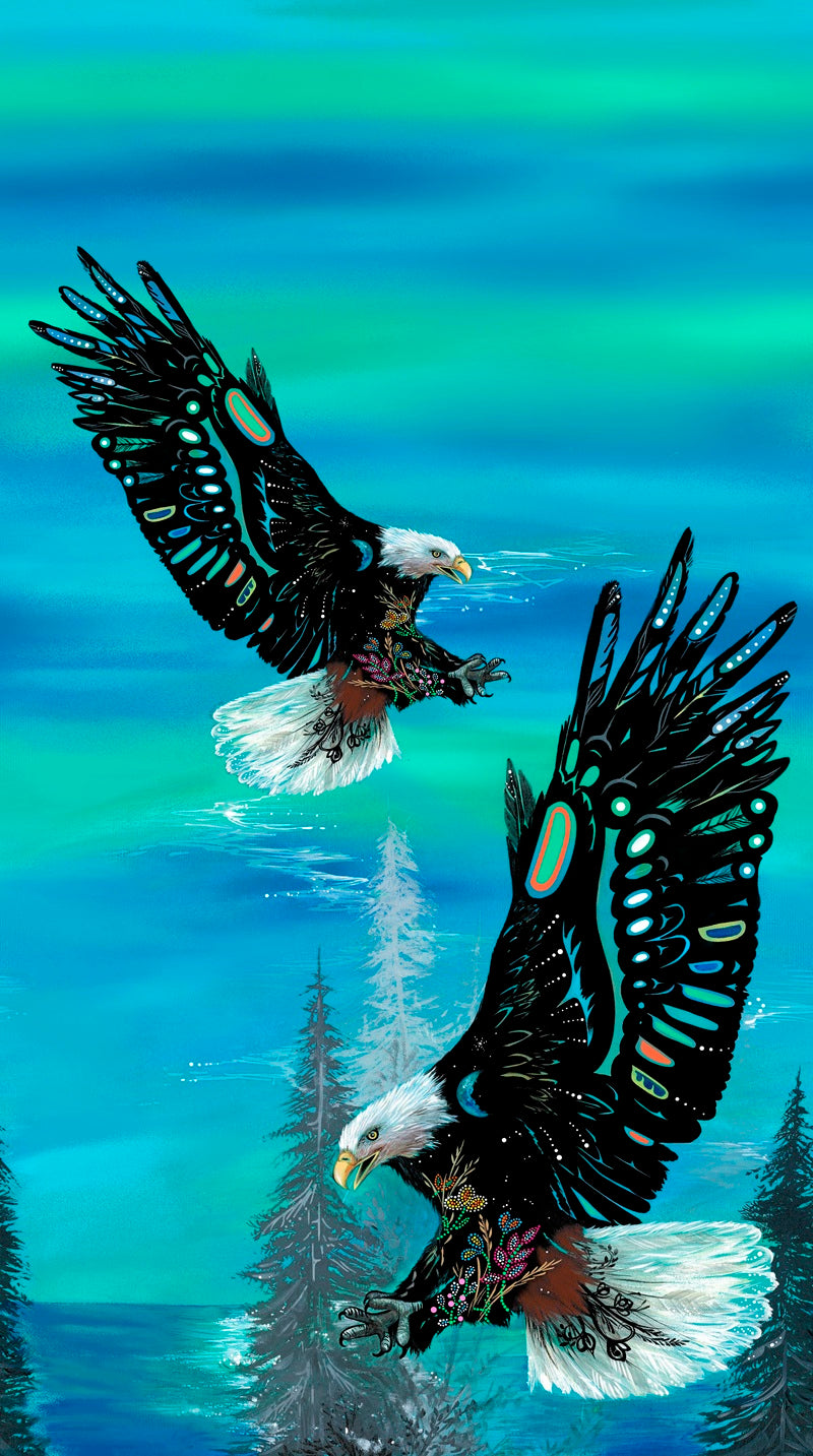 Free Spirit, a blue single border native american eagle fabric – bold indigenous fabric design available at First Trend Fabrics across the USA