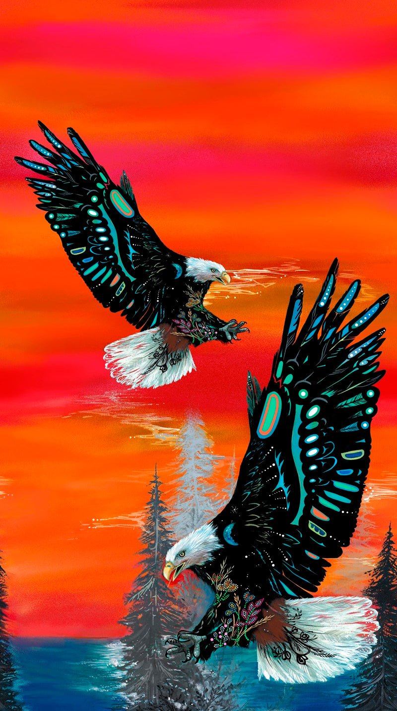 Free Spirit, an orange single border native american eagle fabric – bold Indigenous fabric design available at First Trend Fabrics across the USA
