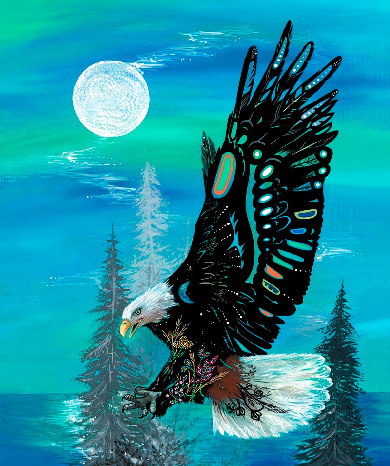 Free Spirit, a blue native american eagle fabric – bold Indigenous fabric design available at First Trend Fabrics across the USA