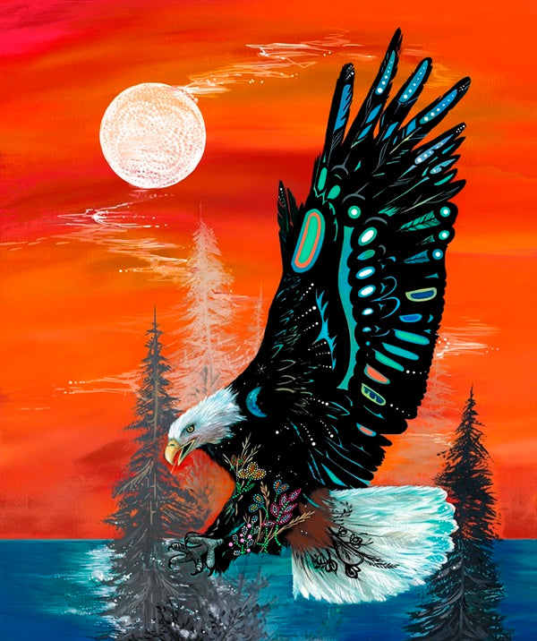 Free Spirit, an orange native american eagle fabric – bold  indigenous fabric design available at First Trend Fabrics across the USA