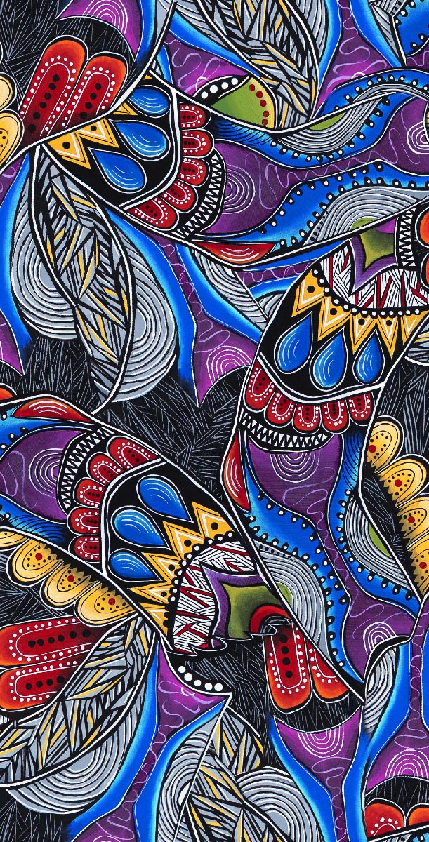 Ganawenda. Indigenous fabric design honoring MMIWG. Available across the USA from First Trend Fabrics. Allover_