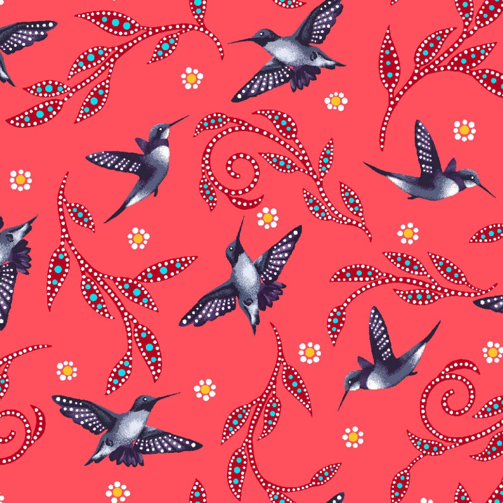 Discover the indigenous cotton fabric hummingbirds available across the USA at First Trend Fabrics. Panel BA-0007 Coral