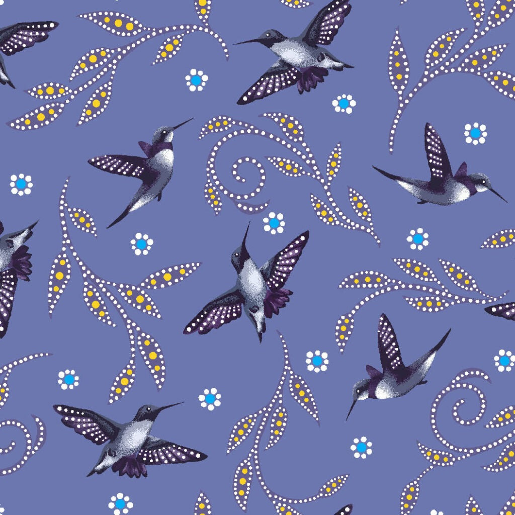 Discover the indigenous cotton fabric hummingbirds available across the USA at First Trend Fabrics. Panel BA-0007 Purple